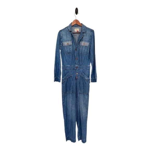 Y2K Current Elliott Blue Denim Jumpsuit SZ 2 Utility Long Sleeve 90s J.Lo Style - Picture 3 of 12
